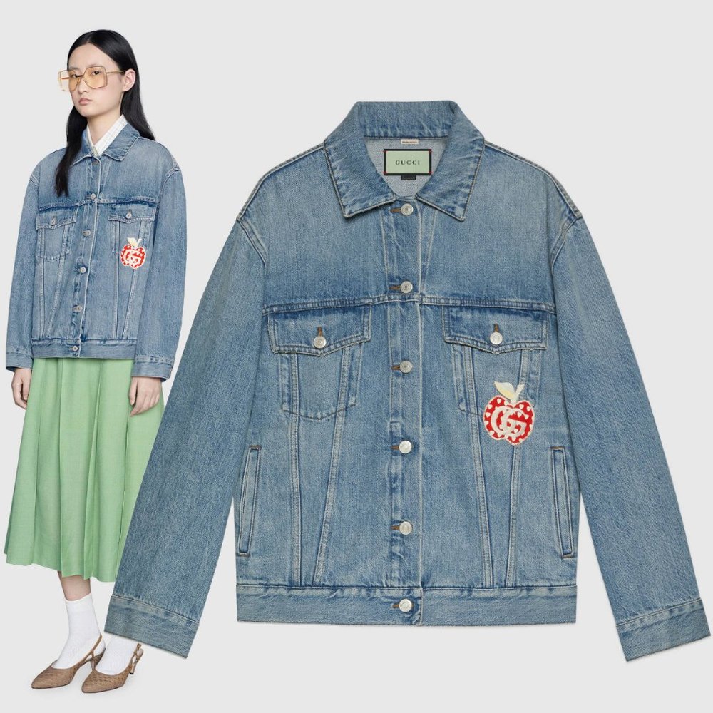 GUCCI JACKET LES POMMES APPLE EMBROIDERED APPLIQUE COTTON DENIM sz IT 40 US 4